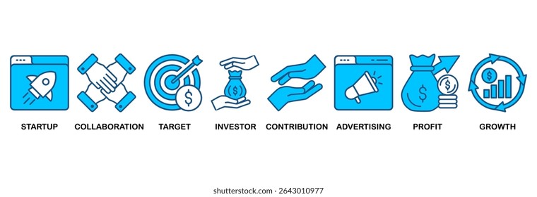Crowdfunding web ícone vetor ilustração conceito com ícone de startup, colaboração, alvo, investidor, contribuição, publicidade, lucro, crescimento