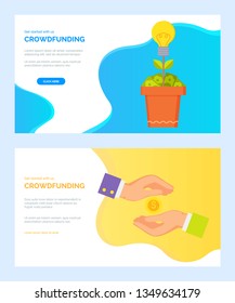 Crowdfunding web set, money tree with bulb and dollars, hands and coin. Cash presentation or payment online, investment business technology vector. Website or webpage template, landing page flat style