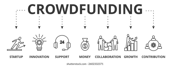 Crowdfunding web vector illustration concept with icons of startup, innovation, support, money, collaborative, growth, contribution

