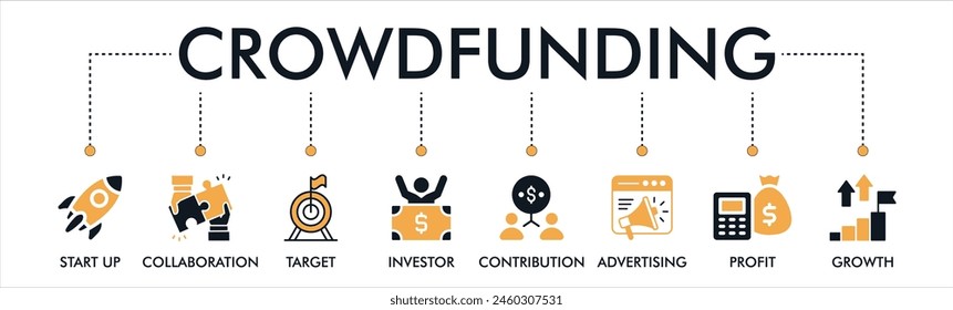 Crowdfunding Website Banner Icon Vektorillustration Konzept mit Icons von Startup, Collaboration, Ziel, Anleger, Beitrag, Werbung, Profit, Wachstum