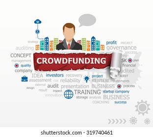 Crowdfunding word cloud concept and business man. Crowdfunding design illustration concepts for business, consulting, finance, management, career.