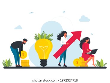 Crowdfunding,investing in an idea or starting a business.tiny businessmans with big red arrow stands next to big light bulb and coins. Marketing investment.Business plan, finance management. teamwork.