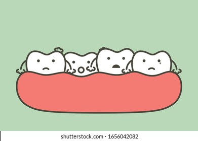 crowding teeth (malocclusion), dental problem - tooth cartoon vector flat style cute character for design