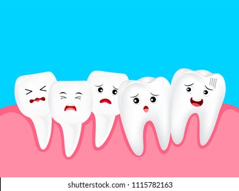 Crowding tooth, cute cartoon character. Dental problem concept, illustration. Isolated on blue background.