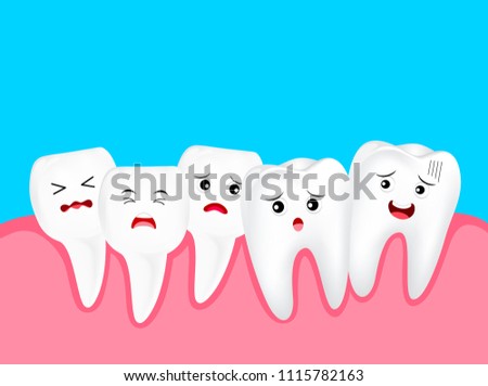 Crowding tooth, cute cartoon character. Dental problem concept, illustration. Isolated on blue background.
