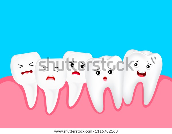 歯が密集していて かわいい漫画のキャラクター 歯の問題のコンセプト イラトス 青の背景に のベクター画像素材 ロイヤリティフリー