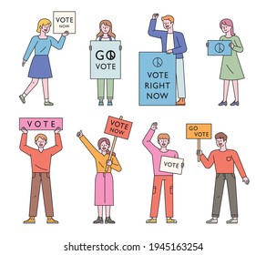 Crowds are campaigning with pickets. flat design style minimal vector illustration.