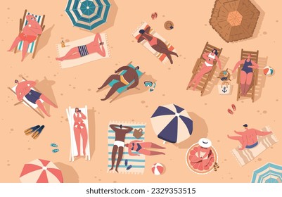 Crowds On A Beach Seen From A Top View. Sunbather Characters, Umbrellas, Colorful Towels, And Mats, Flippers