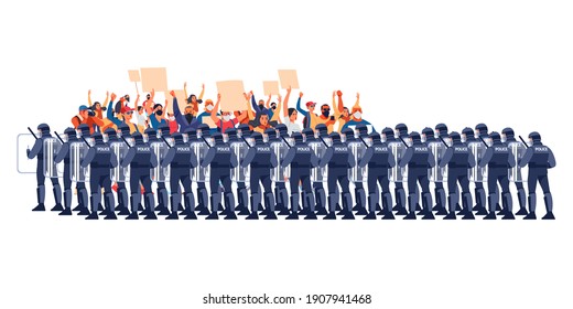 Crowds of people at a demonstration for human rights. Police in Riot Gear Holding the Line. Angry men and women protest, holding placards. Protesters at a political rally. Vector flat illustration.