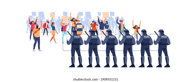 Crowds of people at a demonstration for human rights. Police in Riot Gear Holding the Line. Angry men and women protest, holding placards. Protesters at a political rally. Vector flat illustration.