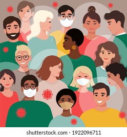 Crowds of people - in masks and without, vaccinated and unvaccinated. The importance of vaccination to control coronavirus. Stop Covid-19 concept. Vector illustration in flat style