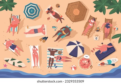Crowds Of People On A Beach With Umbrellas, Daybeds Seen From Above. Characters Sunbathing, Swimming Vector Illustration