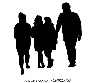 Crowds people walking on street. Isolated silhouette on a white background