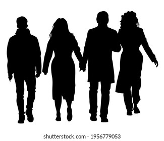 Crowds people walking on street. Isolated silhouette on a white background