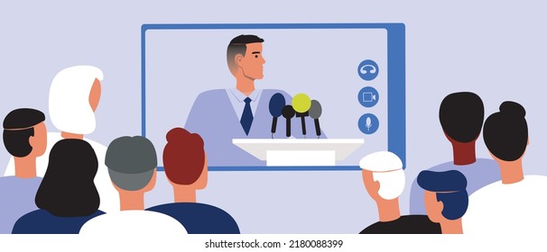 Crowds sat watching a large screen or presenter talking, flat vector stock illustration as concept of Conferences and networking using digital technologies