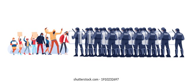 Crowds of white and black people at a demonstration for human rights. People with placards and posters. Group riot police with protective gear and shields.  Vector flat style cartoon illustration.