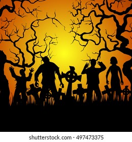 Crowds of zombies on cemetery on orange background. Halloween card