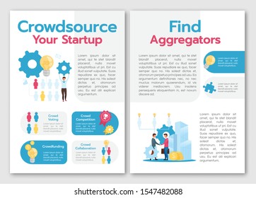 Crowdsource your startup brochure template. Find aggregators. Flyer, booklet, leaflet concept with flat illustrations. Vector page cartoon layout for magazine. advertising invitation with text space