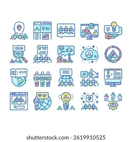 Crowdsourcing Business Collection doodle icons set vector. Internet Advertising Social Media Promotion, Idea Viral Marketing Crowdsourcing sketch hand drawn