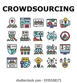 Crowdsourcing Business Collection Icons Set Vector. Internet Advertising And Social Media Promotion, Idea And Viral Marketing Crowdsourcing Concept Linear Pictograms. Contour Color Illustrations