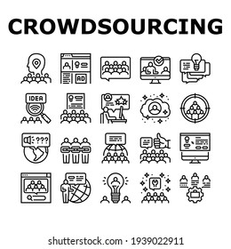 Crowdsourcing Business Collection Icons Set Vector. Internet Advertising And Social Media Promotion, Idea And Viral Marketing Crowdsourcing Black Contour Illustrations