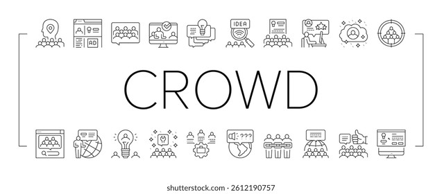 Crowdsourcing Business Collection Icons Set Vector. Internet Advertising And Social Media Promotion, Idea And Viral Marketing Crowdsourcing Black Contour Illustrations