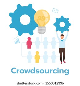 Crowdsourcing flat vector illustration. Job organization. Gathering of information. Business model. Multiple contributors. Company strategy. Headhunting. Isolated cartoon character on white