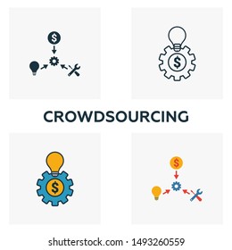 Crowdsourcing icon set. Four elements in diferent styles from content icons collection. Creative crowdsourcing icons filled, outline, colored and flat symbols.