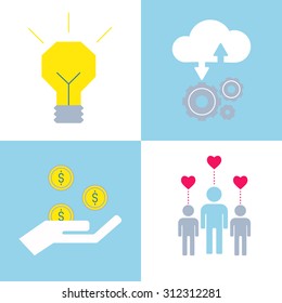 Crowdsourcing icons made in modern flat style. Crowdfunding and social illustration. Funding project by raising money using social media tools.