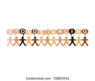 Crowdsourcing word in speech bubbles with cut out paper people chain in different skin tone colors
