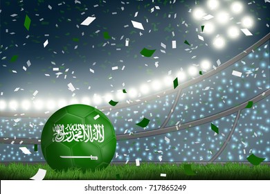 Crowed of fan in football stadium celebrate for the match in night time with spot light backdrop and Saudi soccer ball. This design for template, banner for soccer match result in vector illustration