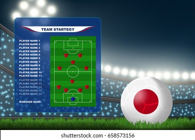 Crowed of fan in football stadium with Japan ball in night time with spot light backdrop and soccer team strategy list. This design for template, banner for soccer match result in vector illustration
