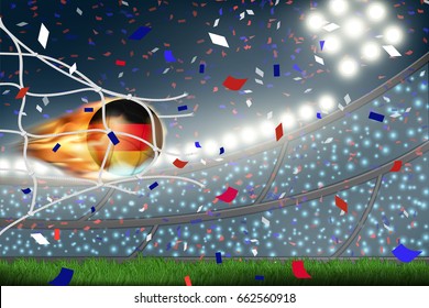 Crowed of fan in football stadium at night time with spotlight backdrop and Germany soccer fire ball hit net of goal. This design for template, banner for soccer match result in vector illustration