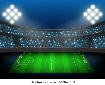 Crowed of fan in football stadium in night time with spot light backdrop. This design for template, banner for soccer match result in vector illustration