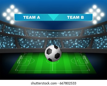 Crowed of fan in football stadium at night time with spotlight backdrop and soccer ball in field. This design for template, banner for soccer league match result in vector illustration