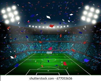 Crowed of fan in football stadium at night time with spotlight backdrop and confetti. This design for template, banner for soccer league match result in vector illustration