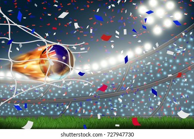 Crowed of fan in football stadium at night time with spotlight backdrop and Australia soccer fire ball hit net of goal. This design for template, banner for soccer match result in vector illustration