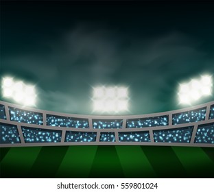 crowed fans in football stadium with spotlight at night with dramatic cloud. Design for sport template in vector illustration