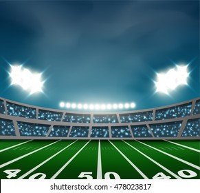 Crowed of people in American football stadium celebrate for the match in night time with spot light backdrop, This design for template, banner in vector format