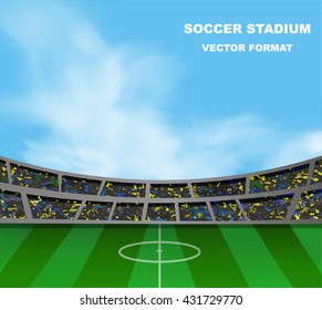 crowed of people in football stadium celebrate for game in day time, This design for sport match template in vector illustration
