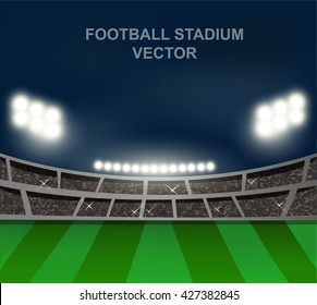 crowed of people in soccer stadium celebrate for football match in night time with spot light backdrop.Concept design for template, banner, ads in vector illustration