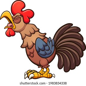 Crowing cartoon rooster with blue wings. Vector clip art illustration with simple gradients. All on a single layer.
