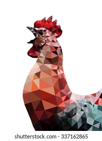 A crowing cockerel isolated against white, low poly vector illustration.
