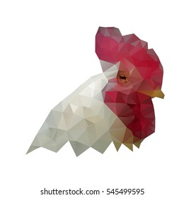 Crowing cockerel isolated against white, low poly vector illustration. Farm decoration rooster polygon illustration. Animal of year colorful triangle geometric graphic.
