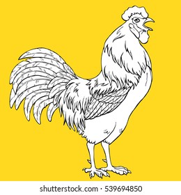 Crowing rooster coloring on yellow background. Decorative chicken monochrome. Coloring page book. A symbol of the Chinese new year 2017 according to east calendar.
