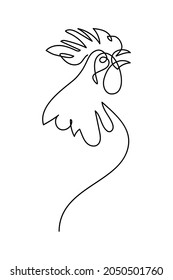Crowing rooster in continuous line art drawing style. Cock portrait minimalist black linear sketch isolated on white background. Vector illustration