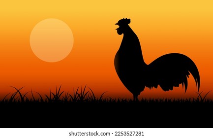 crowing rooster silhouette in the grassland with yellow sunrise. vector illustration