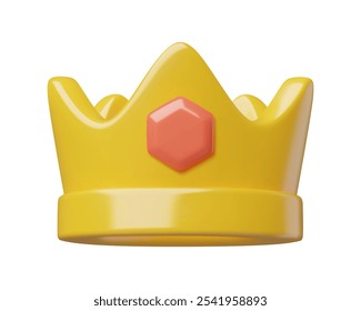 Icono de la corona 3d con una gema rosa, símbolo del premio del ganador mínimo lindo. Ilustración vectorial realista aislada sobre fondo blanco. 