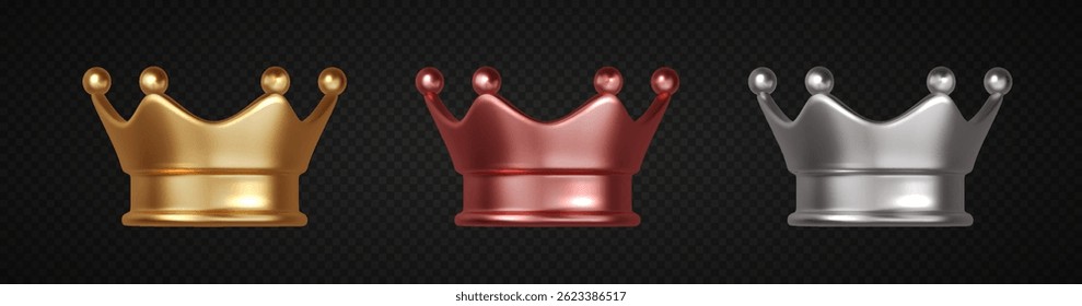 Crown 3d metal set. Golden, silver and bronze crown isolated. Concept of prize places. Realistic vector symbol of royal power, victory or luxury.