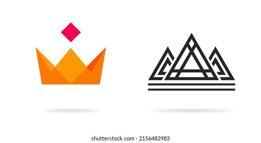 Crown abstract vector logo graphic for king or queen gold icon flat and triangle line outline art design, stroke royal luxury corona golden, geometric cute sacred pyramid illustration image black 